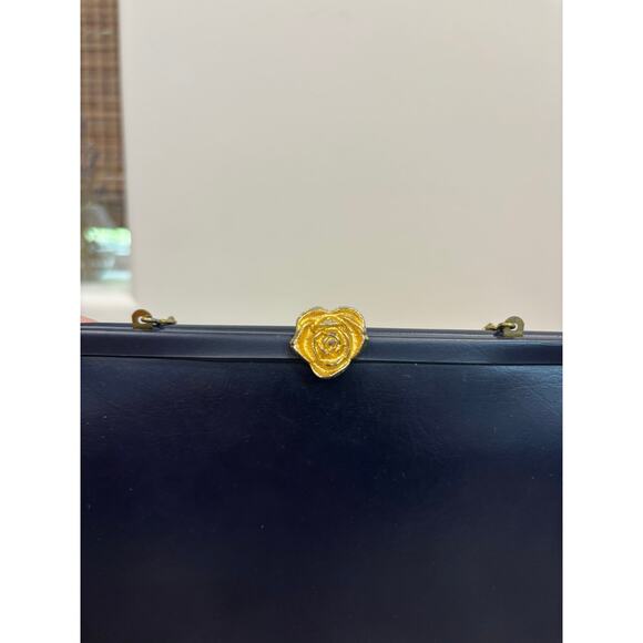 Vintage Navy Blue Clutch Purse with Gold Rose Clasp – Classic Evening Bag - Picture 3 of 6